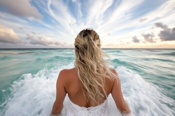 A woman in a white dress standing in the ocean