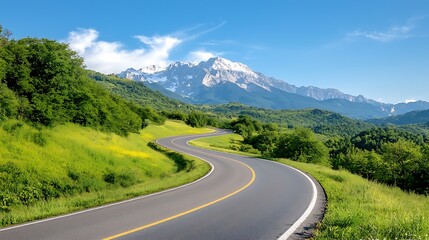 Fototapeta premium The asphalt highway winds its way through the lush, vibrant green forest, with majestic mountains towering in the distance under the endless blue sky.