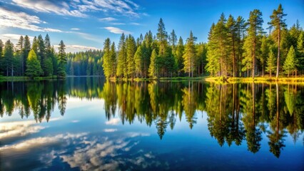 Obraz premium Idyllic landscape of pine trees reflected in a beautiful lake , nature, serene, tranquil, peaceful, reflection, idyllic, landscape