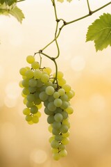 Green Grapes Hanging From a Vine With a Blurred Golden Background.