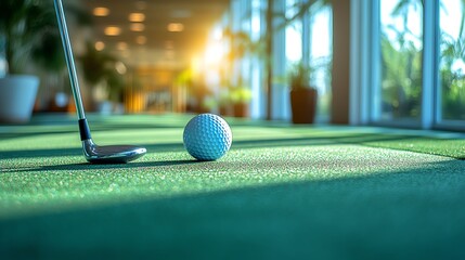 Golf club and ball on putting green with sunlight streaming in.