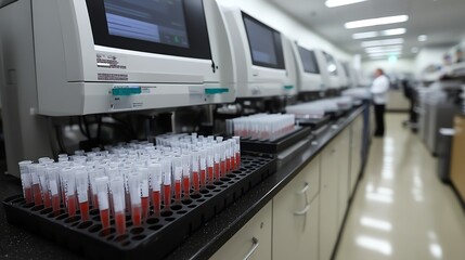 Fototapeta premium Laboratory scene with test tubes and analytical machines, clinical environment