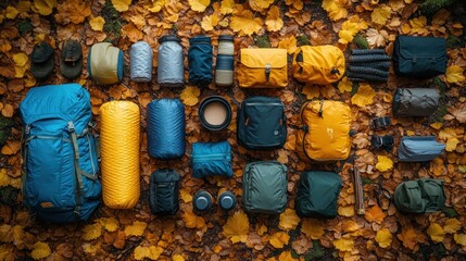 Fototapeta premium Organized outdoor gear on autumn leaves for travel preparation.