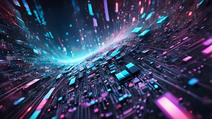 A vibrant digital landscape with flowing data streams and circui