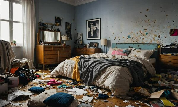Messy bedroom filled with piles of clothes and clutter, depicting symptoms of hoarding disorder.