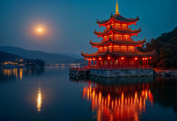 Obraz premium Ancient Japanese Pagoda Illuminated by Moonlight Against Dark Night Sky in Traditional Garden
