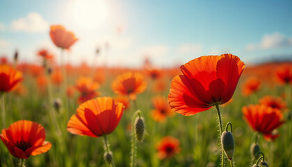 Vibrant Red Poppies Dancing in Golden Sunlight Against Blue Sky in Summer Meadow Field