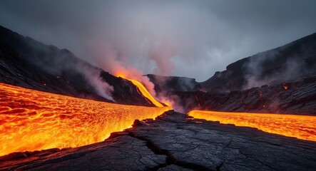 Fototapeta premium Molten Lava Flowing Through a Crack in the Earth's Crust.