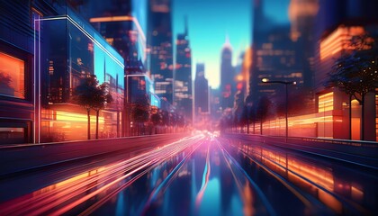 Fototapeta premium A vibrant cityscape at dusk, featuring colorful lights reflecting on wet streets, creating a futuristic and dynamic atmosphere.