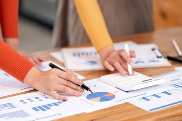 Discussing of business executives analysis of the company's financial situation and business planning with partner