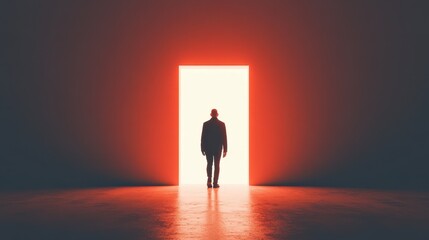 A silhouetted figure stands before an illuminated door, symbolizing new beginnings and possibilities in a dark space.