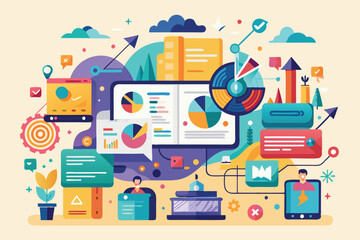 A vibrant illustration showcases various data visualization tools and infographics in a creative digital workspace, Looking at a flat illustration of infographic data.