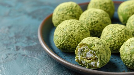 Fototapeta premium Organic matcha dessert. Green matcha balls on a plate, showcasing a textured, vibrant appearance, perfect for a healthy snack or dessert option.