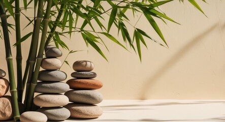 Stacked Stones with Bamboo Leaves in Sunlight.