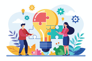 Two professionals work together assembling puzzle pieces to symbolize collaboration on business solutions, Looking for business solutions together, using a jigsaw bulb in a flat illustration.