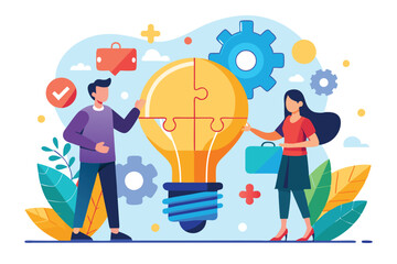 Two professionals collaborate to find innovative business solutions using creative problem-solving, Looking for business solutions together, using a jigsaw bulb in a flat illustration.