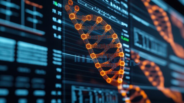 Close-up of a digital DNA strand, showcasing intricate details and scientific data analysis in vibrant orange and dark tones.