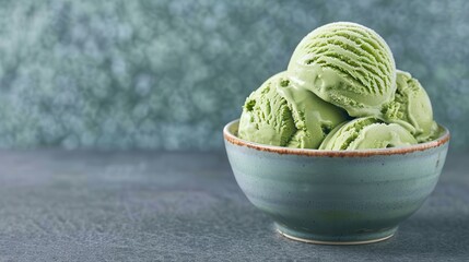 Organic matcha dessert. A bowl of creamy green ice cream scoops, showcasing a smooth texture against a soft, textured background.
