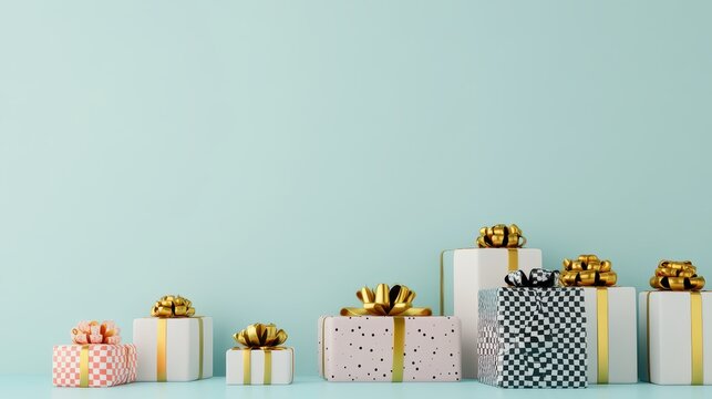 Colorful gift boxes with decorative bows arranged against a soft pastel backdrop, perfect for holiday celebrations and special occasions.
