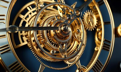 A close-up of a detailed, ornate golden clock mechanism showcasing intricate gears and hands. - Powered by Adobe