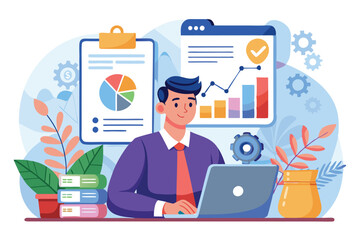 An analyst meticulously studies financial data and charts to evaluate the budget in an office environment, Male analyst studies financial budget for modern flat concept web banner design.