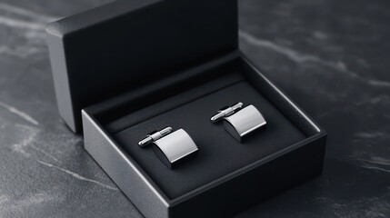 Elegant silver cufflinks displayed in a stylish black box, perfect for gifting or formal occasions.