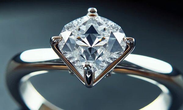 A close-up of a sparkling diamond engagement ring on a sleek band.