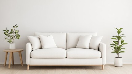 Stylish living room featuring a cozy white sofa adorned with pillows, surrounded by greenery and a minimalist decor.