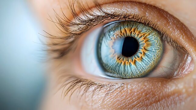 The close up view reveals the intricate pattern of the iris, with shades of blue, green, and brown blending together in a mesmerizing display of color and texture.