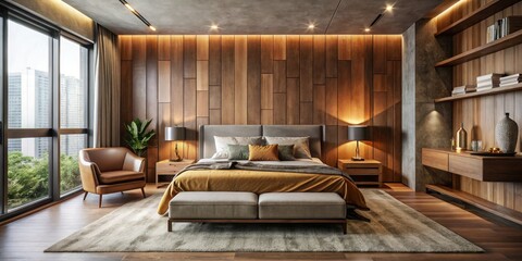Modern Bedroom Interior with Wooden Walls and Concrete Floor for Urban Exploration Photography