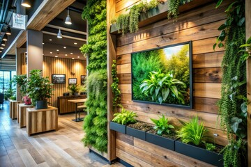 Modern Blank Digital Signage Screen Mockup with Wood Panel Wall and Lush Green Plants for Advertising and Branding Purposes