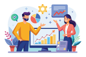 A man and woman are presenting work related to company growth in a vibrant office environment, Man and woman presenting work with company growth computer, flat illustration.