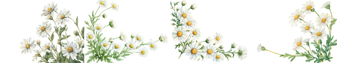 Obraz premium Floral corner frame composed of delicate white feverfew daisy flowers on a simple white background Elegant and fresh floral design element for natural organic or botanical themed projects