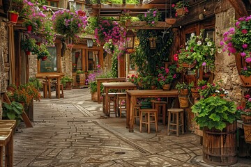 Naklejka premium Flowers, wooden tables and chairs, cobblestone street.