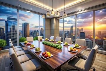 Modern Conference Room with City View and Gourmet Food Spread for Business Meetings