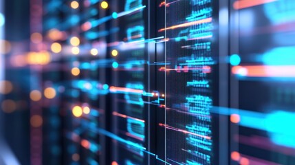 Obraz premium Data center with illuminated server racks and abstract lights