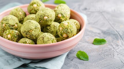 Organic matcha dessert. A bowl of green, round snacks garnished with herbs, sitting on a textured surface, exuding a fresh and appetizing appearance.