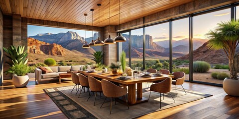 Fototapeta premium Modern Desert Home Interior with Mountain View - Stylish Food Photography
