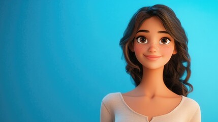 Smiling young woman in a beige top gazing thoughtfully into the distance against a vibrant blue background portrait photography cheerful expression