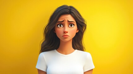 Young Arab woman in a casual white t shirt against a bright yellow background displaying a distressed expression of sadness and worry