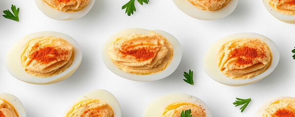These deliciously prepared deviled eggs, topped with spices and garnished with fresh herbs, offer a perfect snack or appetizer for any occasion.