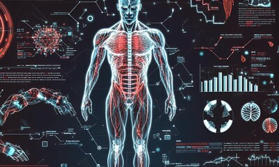 A digital illustration of the human body with data visualizations and scientific information. - Powered by Adobe