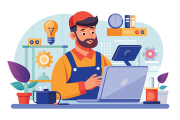 A technician examines a device on a laptop while surrounded by tools in a workshop setting, Man checking device for repairs, flat illustration.