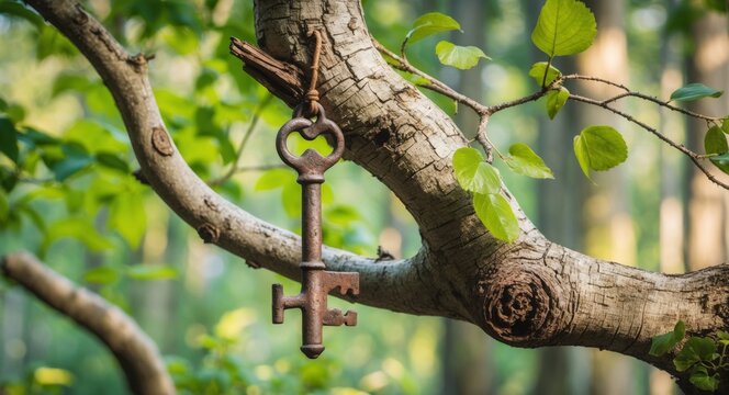 An ancient key hangs on a tree trunk in the forest.