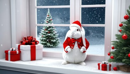 Fototapeta premium 3D illustration wallpaper of a white rabbit sitting on the window wearing a Christmas hat.