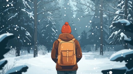 stylish cartoon traveler with backpack in a red hat walking through a winter snowy forest adventure and exploration theme with space for text back view magical moment