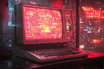 Obraz premium Internet-themed retro scene, CRT monitor with pixelated graphics, neon colors, analog and digital noise. Generative AI