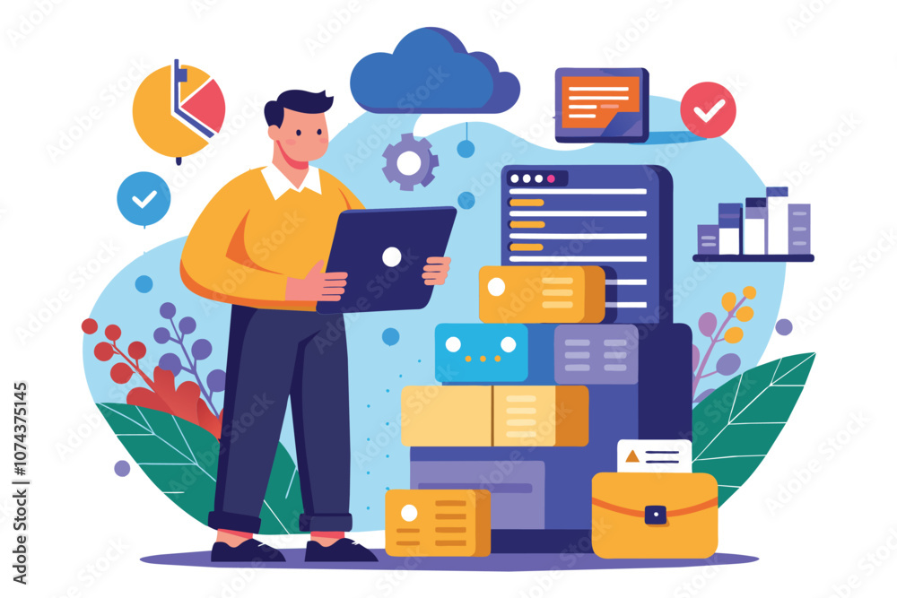 Poster a man is focusing on saving file data while surrounded by charts and digital tools in a creative wor