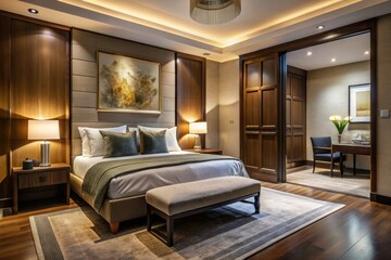 Fototapeta premium Modern Hotel Room Interior with Dark Wooden Door and Elegant Decor for Travel and Hospitality Photography