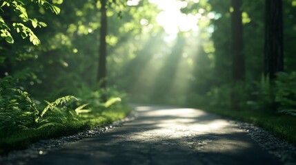Obraz premium Serene forest pathway illuminated by soft sunlight, surrounded by lush greenery and vibrant ferns inviting peaceful exploration.